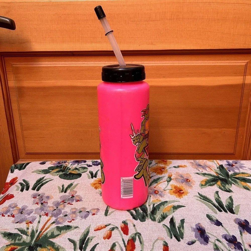 VTG 80s TMNT Teenage Mutant Ninja Turtles Water Bottle Straw Cap Pink Retro GLOW